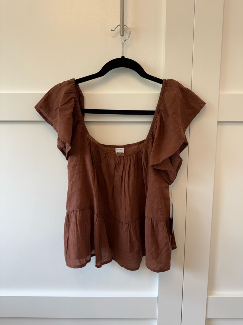 Melrose and Market Rust Brown Chino Flutter-Sleeve Sheer Peasant Blouse